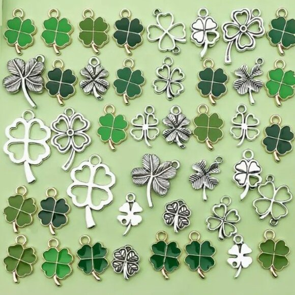 42 Clover Charms Set - Antique Silvery & Enamel Green, Zinc Alloy Charms. - Picture 2 of 4